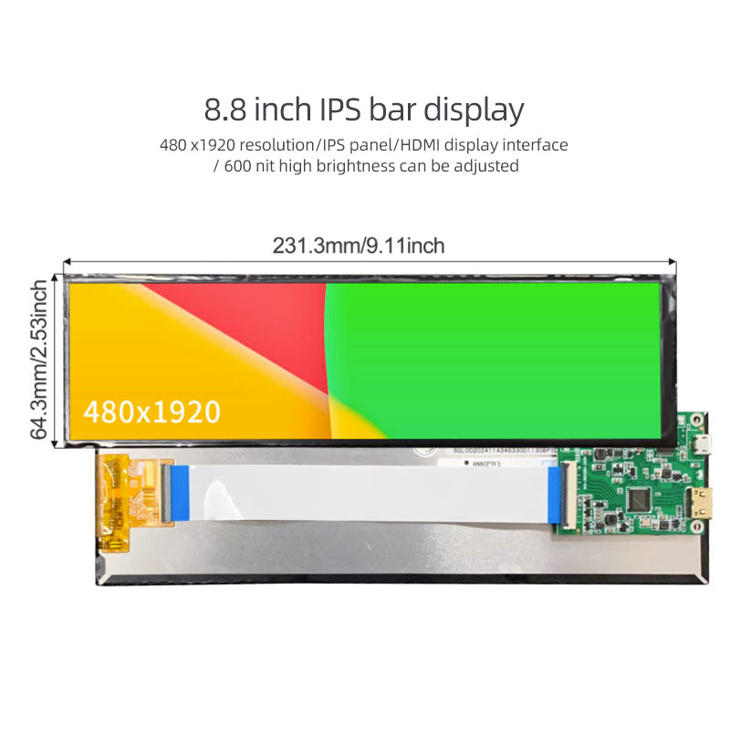 8.8 Inch 480x1920 IPS Bar LCD Panel 600 nits LCD Display With Driver Board For Computer Case Secondary Screen ET088BAMO-01