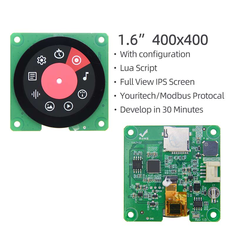 1.6 Inch Circular UI Serial Screen configuration LUA Script 400x400 Serial TFT Display With Capacitive Touch