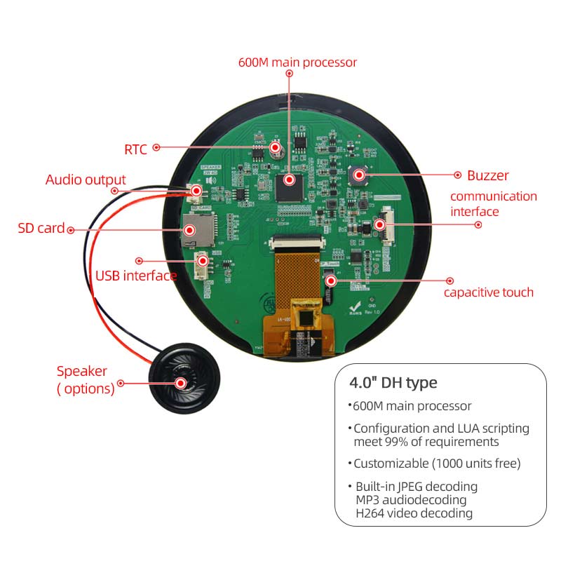 4 Inch Circular UI Serial Screen 720x720 Configuration LUA Script Serial TFT Display With Capacitive Touch For Medical