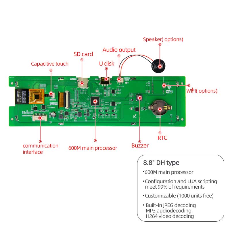 8.8 Inch Bar UART TFT Display 1920x480 Consumption Script Configuration Serial TFT Display With Capacitive Touch For Medical